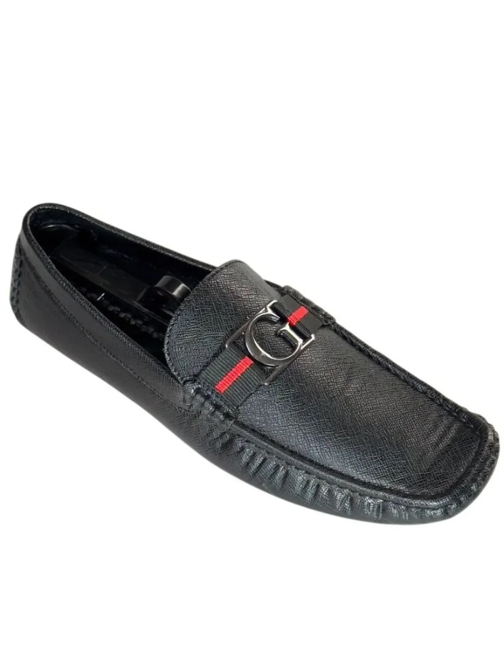 Mens Guess Black Loafers With Red Stripe & Metal G Logo Size 11
